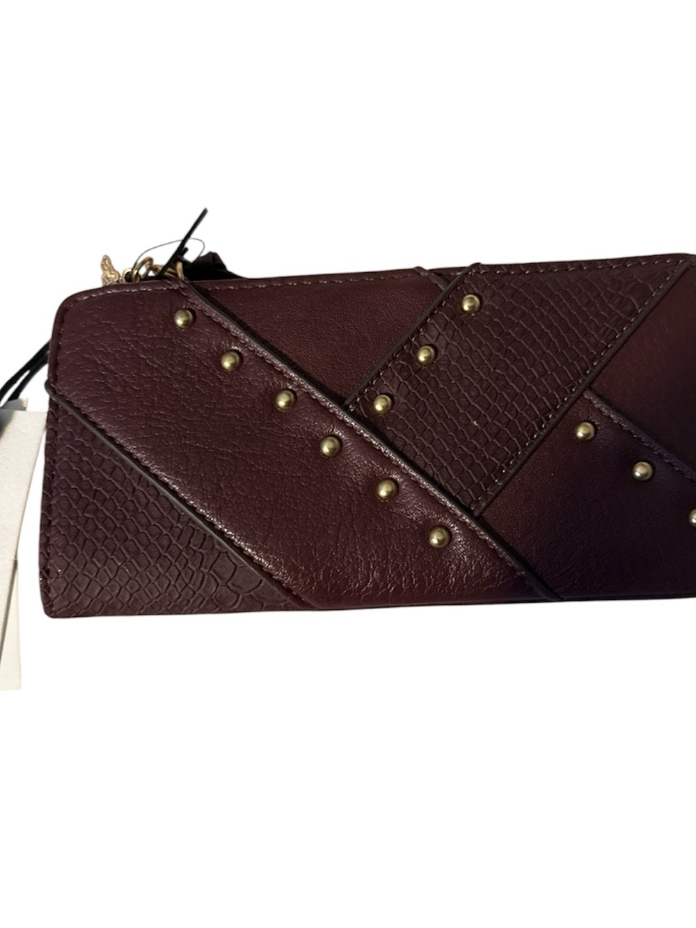 NWT Jessica Simpson Studded Patchwork  Wallet - Burgundy gold acc zip pocket